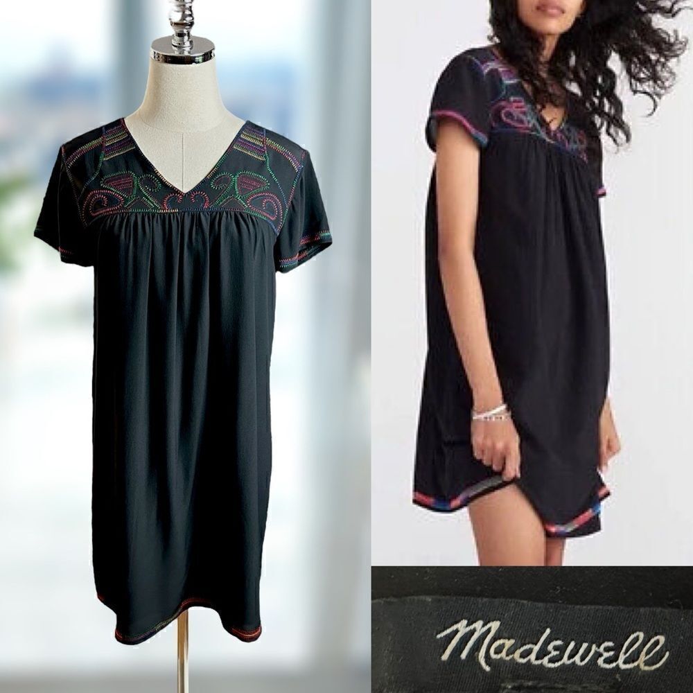 MADEWELL Black Silk Embroidered Shift Babydoll Dress Size S